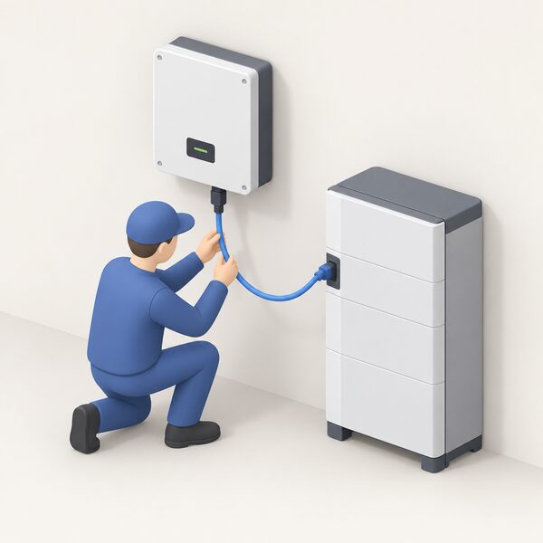 A simplified isometric figure of a competent person inspecting the network cable that runs from a wall-mounted storage inverter to a home battery unit, checking the connection at each end while the equipment is isolated.
