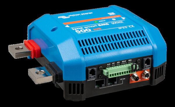 A blue Victron Energy Lynx Smart BMS 500 NG battery management unit shown from an angle with terminals and connection ports visible