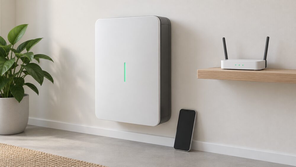 A close-up of a wall-mounted home battery storage unit with a smartphone propped against the wall beside it showing a blank screen, and a small wi-fi router on a shelf nearby, all indoors against a plain wall.