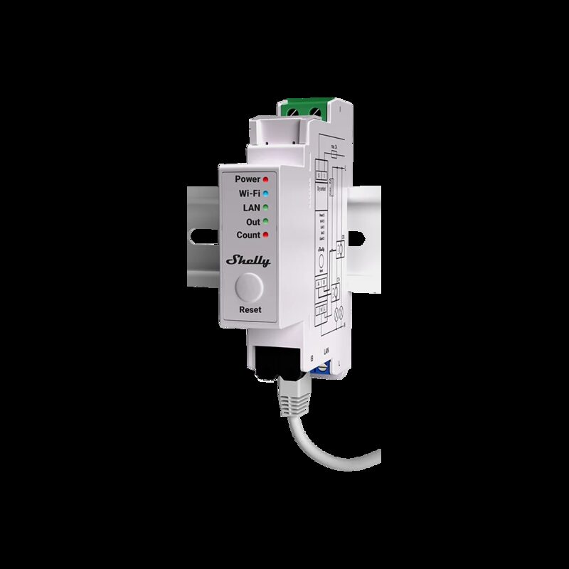 A Shelly Pro EM-50 DIN-rail smart energy meter with status LEDs, reset button and Ethernet cable on a white background