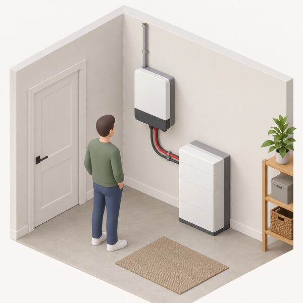 A simplified isometric view of a home interior corner showing a wall-mounted photovoltaic inverter beside a floor-standing battery storage unit, with cabling between them and a conduit rising to the ceiling, one plain-clothed figure standing nearby looking at the installed hardware.
