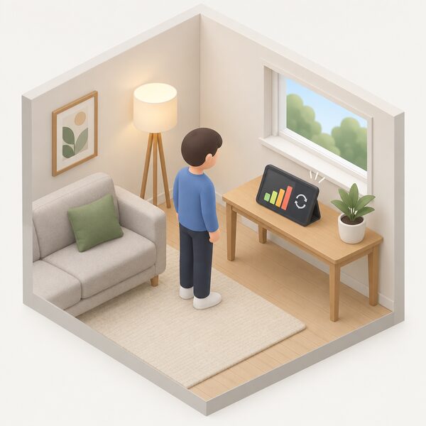 A small isometric figure stands beside a table in a home room on which sits an in-home display showing live electricity readings as simple bars, with a subtle refresh cue suggesting it updates every ten seconds.