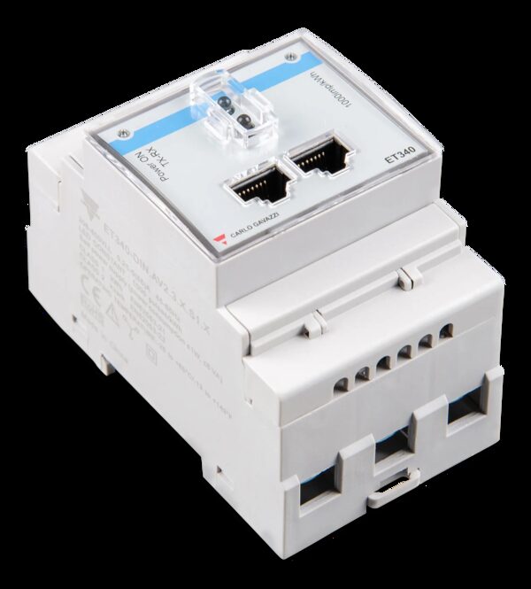 A Victron Energy ET340 DIN-rail energy meter, a white product unit with RJ45 ports and screw terminals