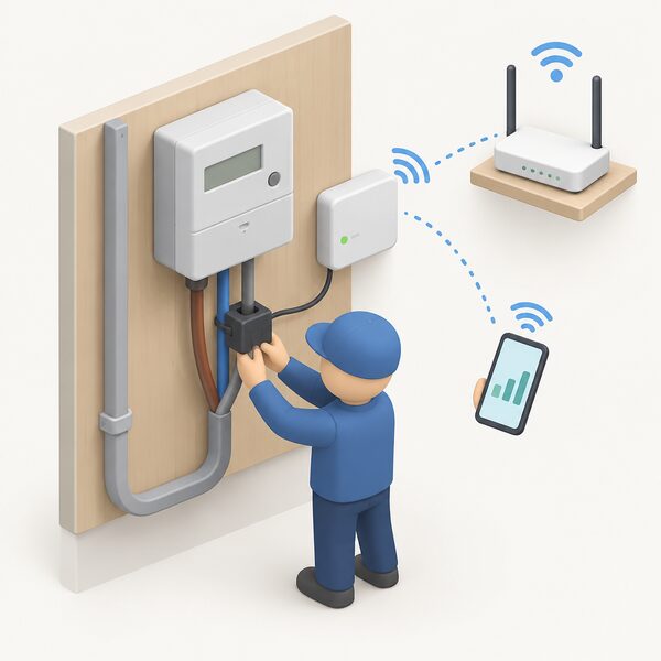 A small isometric figure fitting a whole-home energy monitor beside the electricity meter, with a clamp sensor clipped around the meter tails, the monitor linking wirelessly to a household wi-fi router and a smartphone held in hand.