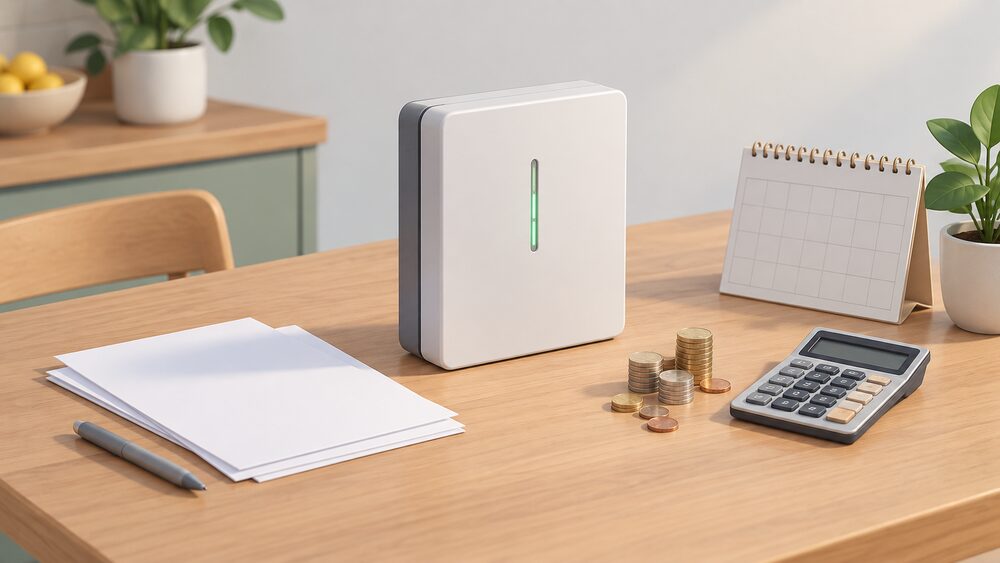 A small model of a wall-mounted home battery standing on a kitchen table beside blank paperwork, a calculator, a few coins and a wall calendar, suggesting a household working out whether the battery will pay for itself.