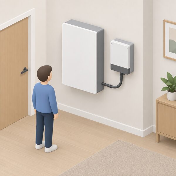 A wall-mounted domestic battery storage unit installed indoors, shown as a neat rectangular cabinet fixed to an interior wall with a cable running to a small inverter box beside it, with a simplified isometric figure standing nearby looking at it.