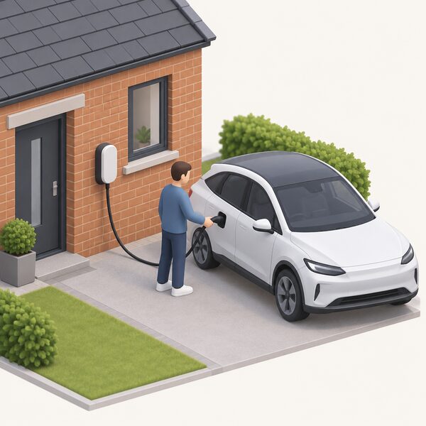 A small wall-mounted electric vehicle chargepoint fixed to the outside brick wall of a house, with a cable running from it to a parked electric car on the driveway and a simplified figure holding the plug about to connect it.