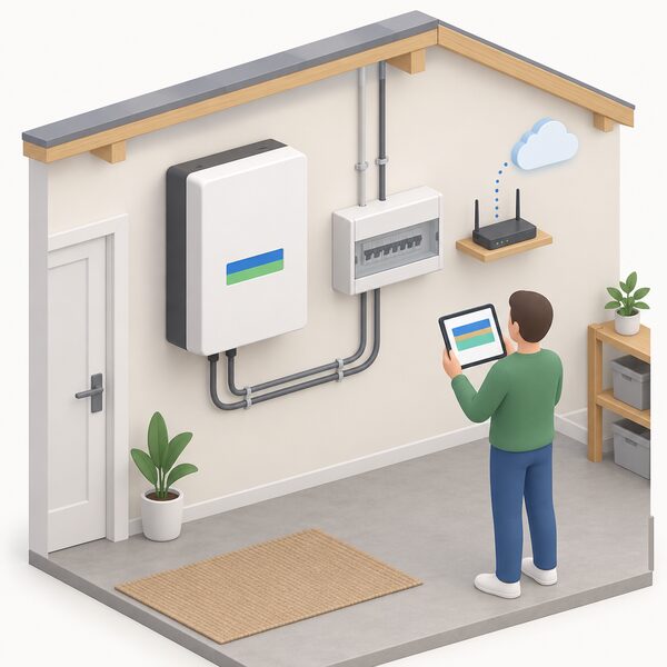 A wall-mounted battery inverter unit indoors, connected by cable to the household consumer unit, with a small cloud-connected monitoring setup shown as a router and a tablet screen displaying only plain colour bands.