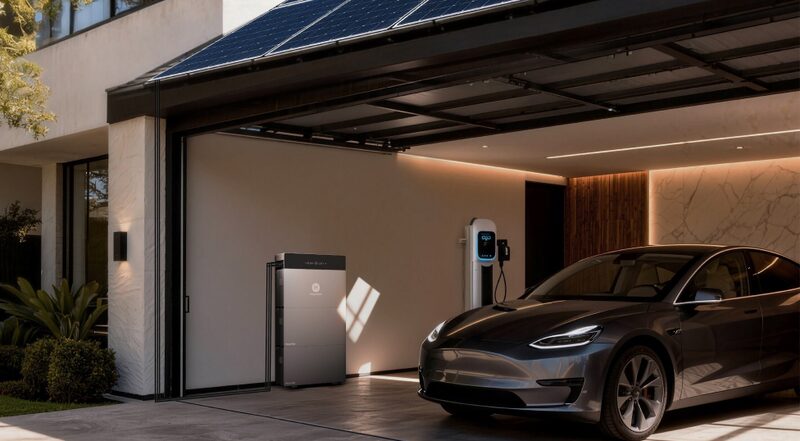 A Hoymiles home battery unit installed in a modern garage beside an EV charger and a parked electric car under rooftop solar panels