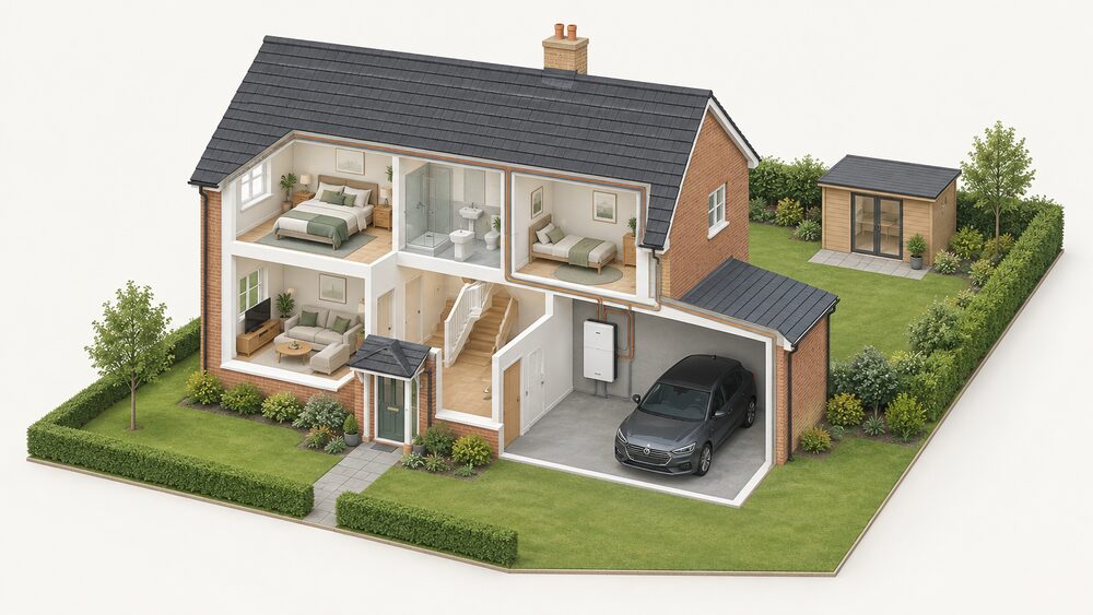 A cutaway of a small house showing a wall-mounted home battery on the internal wall of the garage, with its cabling running through the house fabric, and a small garden outbuilding standing separately behind the house.