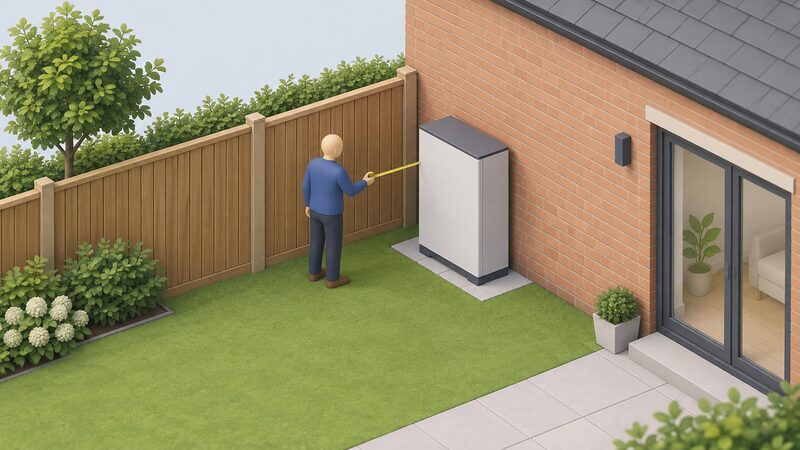 A small isometric view of a house rear garden showing a rectangular external battery enclosure standing on the ground against the house's external wall, with the garden's boundary fence clearly visible behind it and a simplified figure measuring the gap between the enclosure and the fence.