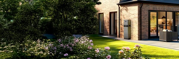 A home battery unit mounted on the exterior brick wall of a modern house with a garden in the foreground