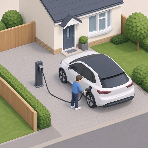 A small isometric figure plugs a charging cable from an upstand-mounted electrical outlet into an electric car parked on an off-street driveway beside a house, showing the permitted development installation in its setting.