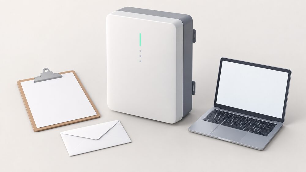 A domestic wall-mounted battery storage unit standing as the central object on a plain surface, beside a blank application form on a clipboard, a sealed envelope and a laptop with a blank screen, suggesting a connection application for the battery.