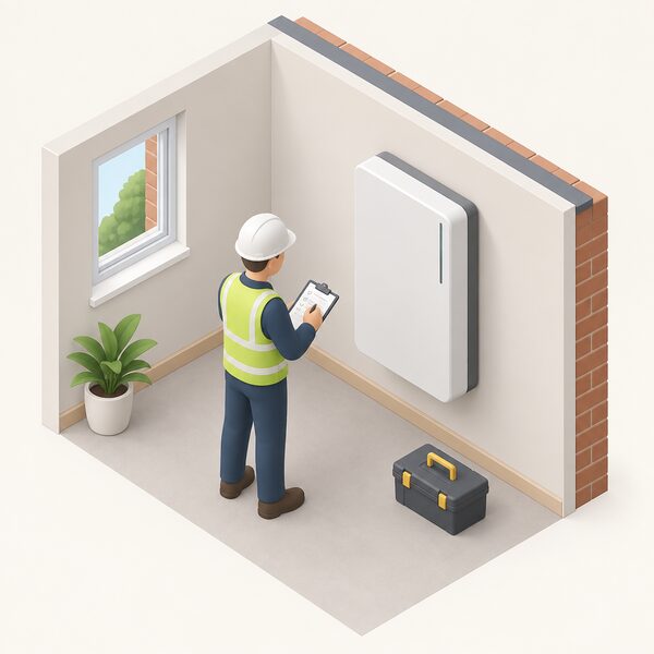 A wall-mounted home battery unit standing indoors against an outside wall, shown as new equipment ready for installation, with a small isometric installer figure beside it carrying out a property check before any application is submitted.