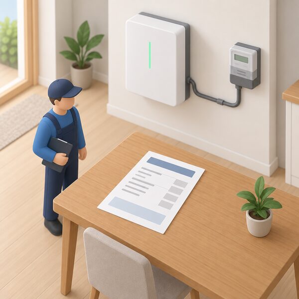 A printed connection quotation document lying on a wooden table in a home, with blank lines and plain blocks standing in for its figures, beside a small isometric figure of an installer and a wall-mounted home battery with its cable to the electricity meter.