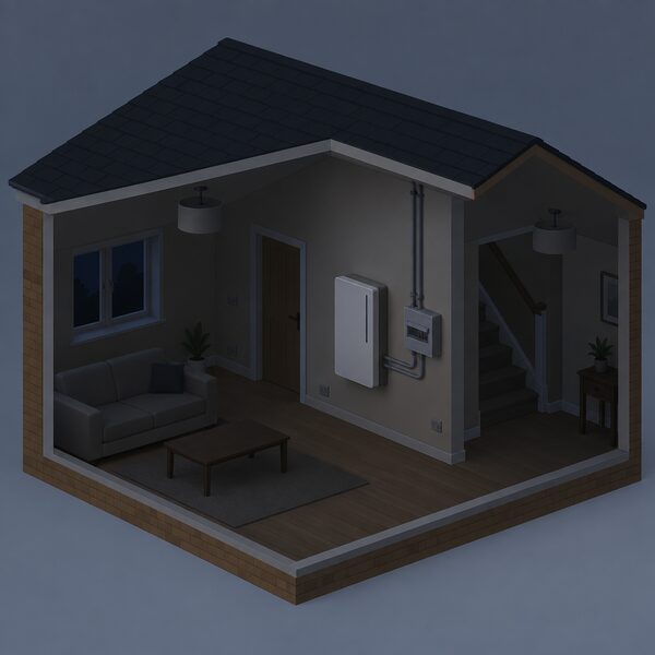 A dark house interior during a power cut showing a wall-mounted grid-tied battery unit indoors with its wiring conduits running to a consumer unit, unlit ceiling lights and dark sockets around it, with no power coming from outside.
