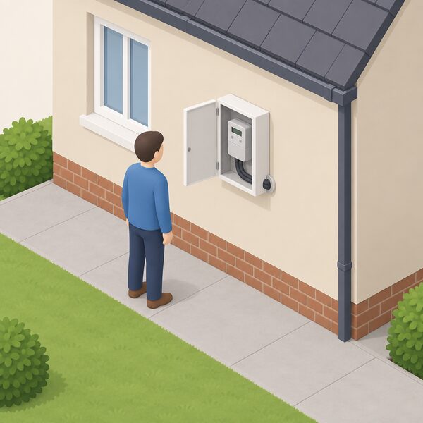 A simplified isometric view of a house's outside wall with an electricity meter box mounted on it, its cable entering the wall, with clear unobstructed ground around it and a small figure standing nearby to show the good access needed before a meter replacement visit.