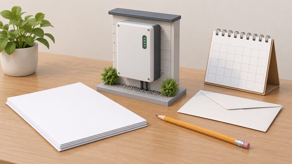 A small model of a wall-mounted home battery cabinet in its outdoor housing stands beside blank application paperwork, a sealed envelope, a pencil and a desk calendar on a wooden table, suggesting a planning application for battery storage.