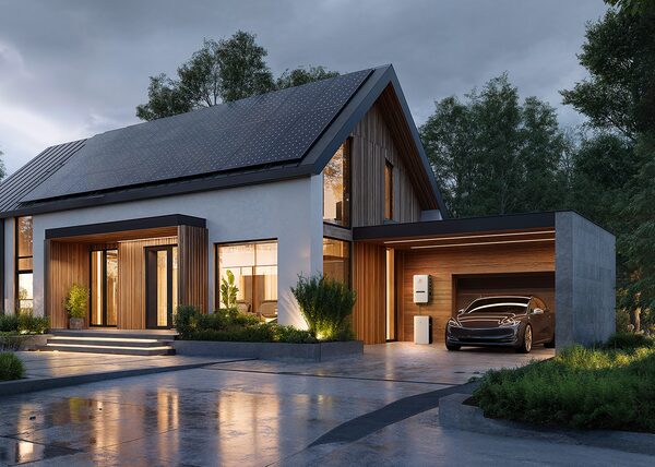 A modern house with rooftop solar panels, a home battery unit on the garage wall and an electric car parked in the carport at dusk