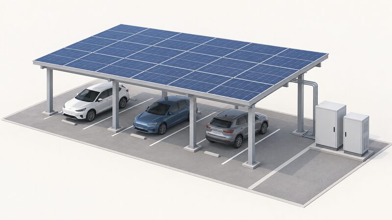 A flat solar canopy on posts over a parking area with one or two battery storage cabinets standing alongside it, connected by a simple conduit run, drawn as a plain isometric outdoor scene with no people.