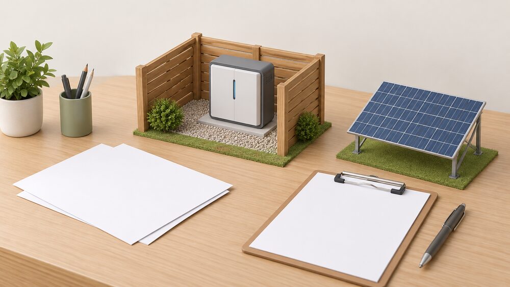 A small model of a domestic battery unit inside a simple garden enclosure stands on a desk beside blank planning paperwork, a clipboard with a blank form, and a tiny model of a ground-mounted solar panel on a frame, all arranged as a household planning enquiry.