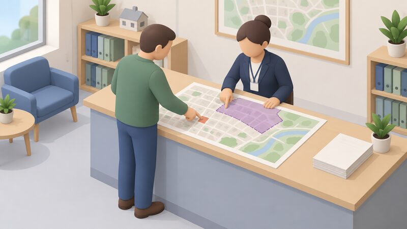 A householder and a duty planning officer stand together at a counter in a planning department, reviewing a large printed designation map of a neighbourhood spread flat between them, with the householder pointing to a marked plot while the officer indicates a shaded conservation area region.