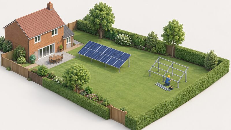 A garden with one existing ground-mounted solar array and, further away, a second separate ground-mounted array under construction, a small isometric figure working on its frame, showing the point at which a householder planning application is needed.