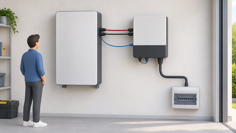 A wall-mounted home battery unit beside a hybrid inverter, with a pair of thick DC cables running between them, a thin data cable linking the inverter to the battery's BMS, and an AC cable running from the inverter down to a consumer unit.
