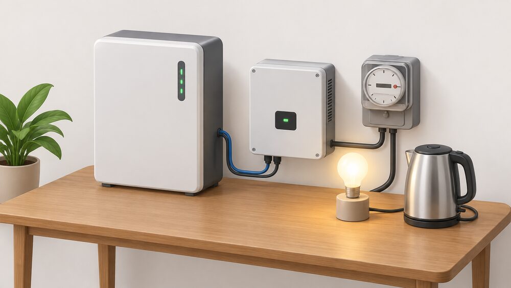 A small wall-mounted home battery unit with a cable running to a compact inverter box beside it, arranged on a table with a lit lightbulb, a kettle and a domestic electricity meter with a spinning dial, all plain objects with no markings.