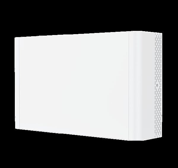 A plain white wall-mounted home battery unit shown against a white background