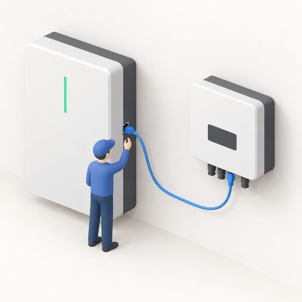 A wall-mounted home battery with a network cable plugged into its communication port, the cable running to a nearby inverter, with a small isometric figure checking the connection.