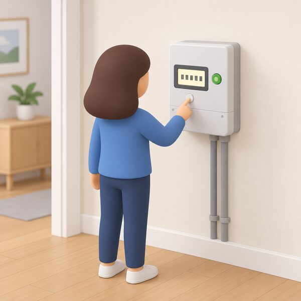A simplified person stands at a wall-mounted smart electricity meter pressing the white B button below the screen, which has lit up to show a plain blocky reading display, with the green A button to the right of the screen.