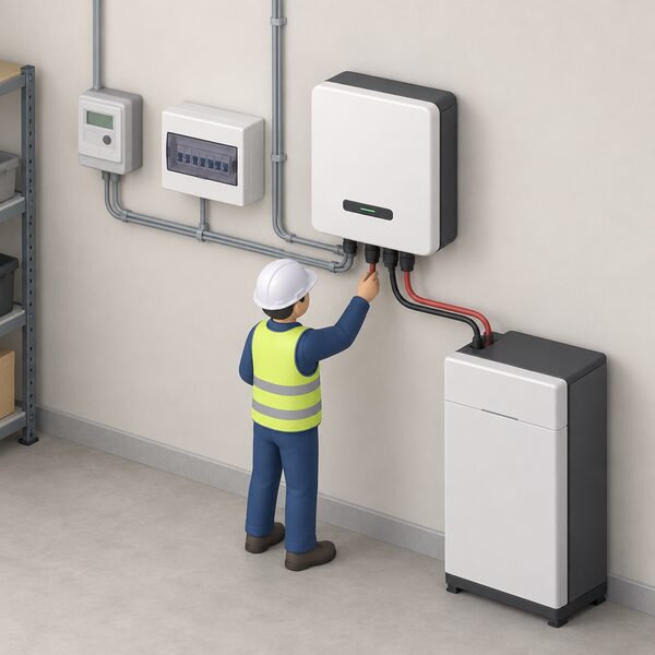 A wall-mounted storage inverter indoors on a plain garage or utility wall, with a small isometric installer figure checking its wiring: conduit running from a mains consumer unit to the inverter's AC terminals, and thick DC cables from a floor-standing battery to its battery terminals, with a nearby electricity meter.