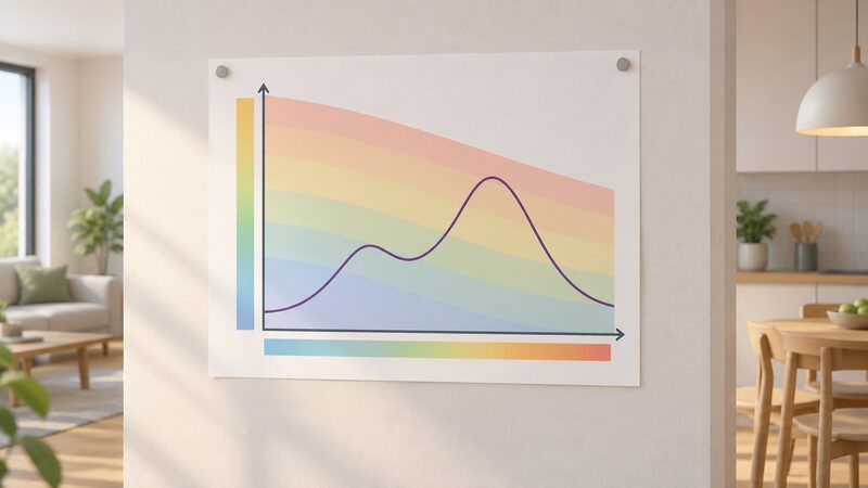A printed chart drawn as a physical sheet pinned to a wall, with two plain unlabelled axes, one showing stored energy as a simple colour band and the other deliverable power, and a household load profile shown as a simple line curve overlaid across the plot area.