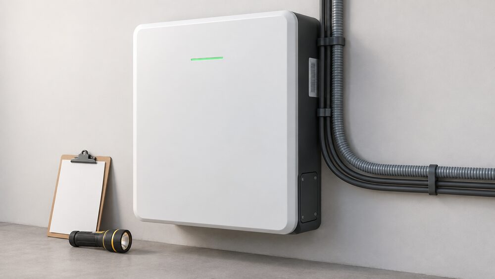 A wall-mounted domestic battery storage unit shown close up, with a serial number label on its right-hand side partly hidden by cables and conduit, an access cover at the bottom right, and a torch and clipboard resting nearby, nothing opened or dismantled.
