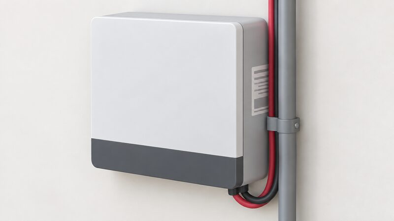 A close-up of a wall-mounted home battery with a serial number label on its right-hand side, partly hidden behind a run of grey conduit and battery cables crossing the label, with no one dismantling anything.