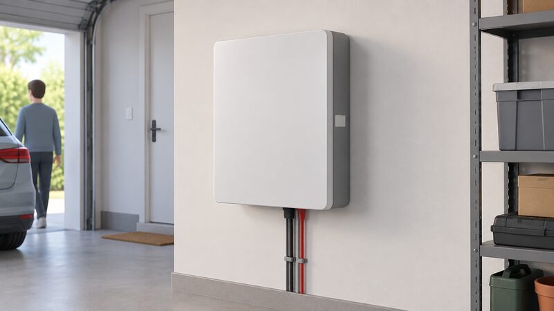 A wall-mounted domestic home battery unit shown as installed on a garage or utility room wall, its cover fully in place, with the main supply and battery cabling entering the unit from below and a small access label area on the side.