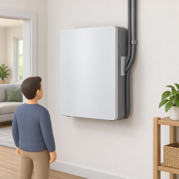 A plain wall-mounted home battery unit with a serial number label on its right-hand side, the label partly obscured by cables or conduit running near it, shown in a simple home setting with no readable text.