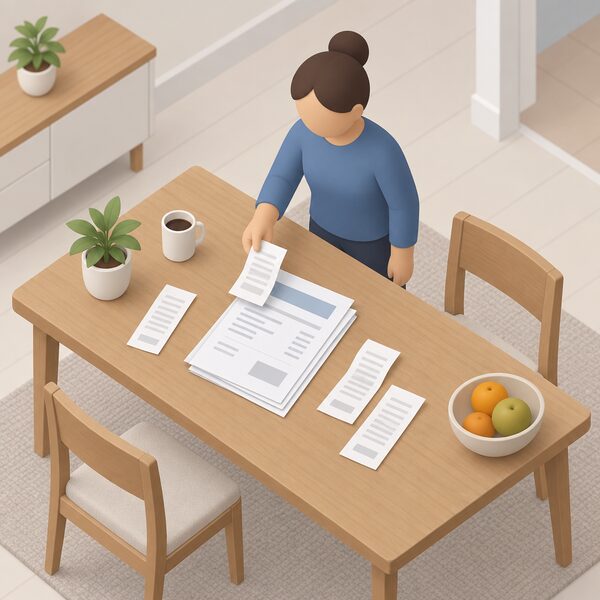 A kitchen or hallway table seen from above with a small stack of household electricity bills and a few purchase receipts laid out flat, a simplified isometric figure placing one receipt with the pile as evidence of extra costs after a battery shutdown.