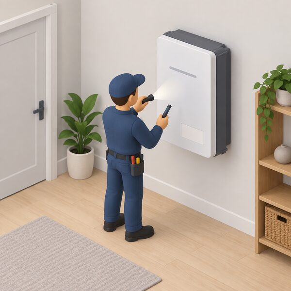 A small simplified electrician figure in plain clothing stands indoors beside a wall-mounted home battery, using a torch and inspection tool to examine the unidentified unit, with blank label areas on its casing and no paperwork visible.