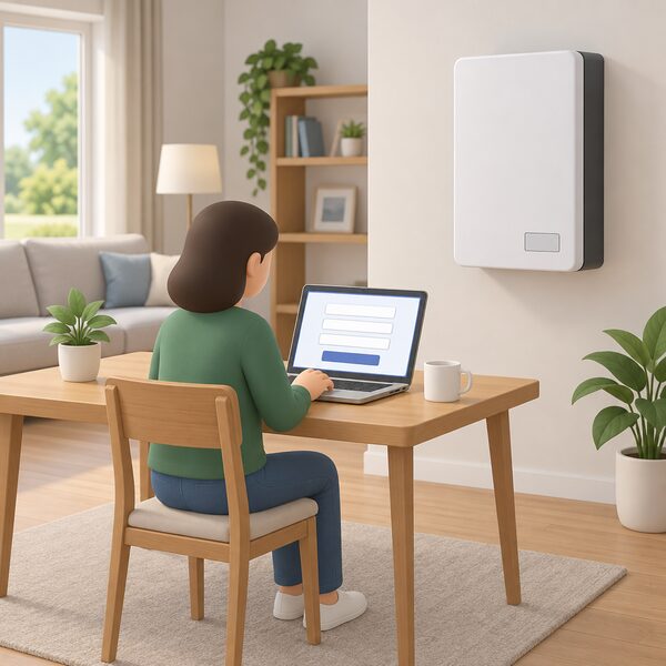 A simplified figure sits at a table in a home room using a laptop whose screen shows a plain registration page with blank entry fields, while a wall-mounted home battery unit with its serial-number label is visible nearby in the same room.