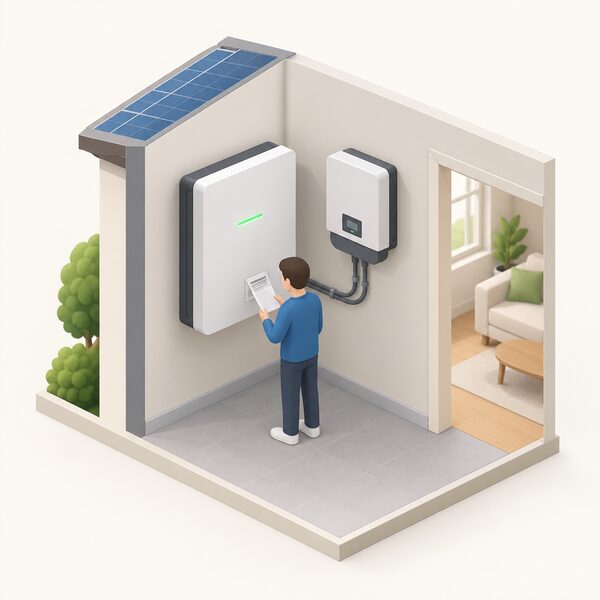 A wall-mounted home battery indoors, connected by cabling to a solar inverter on the same wall, with a small isometric figure of a homeowner checking the unit's serial number label, showing the battery storing solar energy for the household.