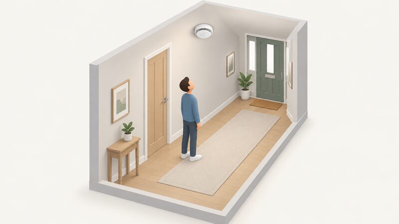 A round smoke alarm mounted on the ceiling of a home hallway, with a small isometric figure looking up at it, near a closed door at the end of the hall that leads to a clear, unobstructed escape route toward the front door.