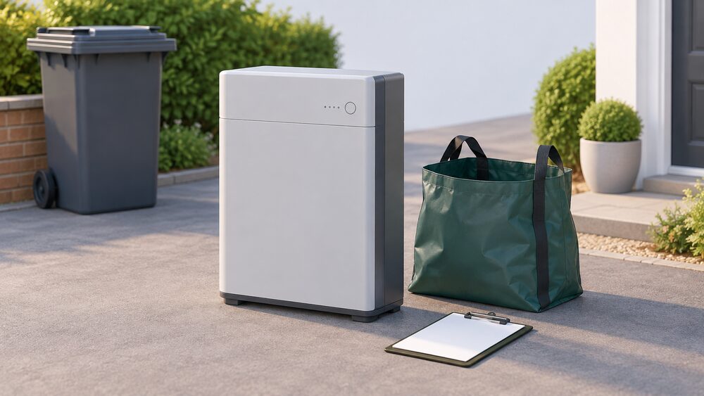 A removed rectangular domestic battery storage unit stands centrally on a driveway beside a special council collection bag and a clipboard with blank paperwork, with a general waste bin visible further back and left empty.