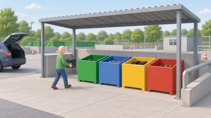 A household waste recycling centre battery collection point where a simplified figure carries a spent home battery unit towards a row of separate open-topped containers, each a different plain colour for a different battery type, set on a hardstanding under a simple canopy.