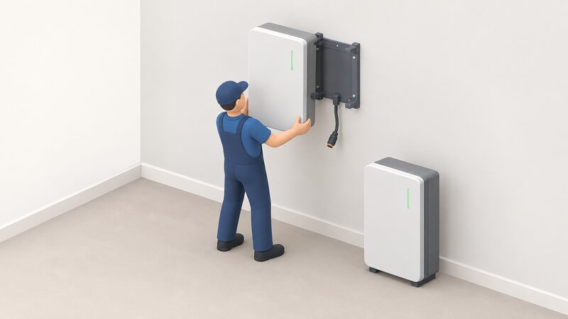 A simplified isometric installer figure in plain clothing lifts a wall-mounted domestic battery unit off its indoor wall bracket, supporting it with both hands while a disconnected cable hangs loose and a second unit waits nearby on the floor.