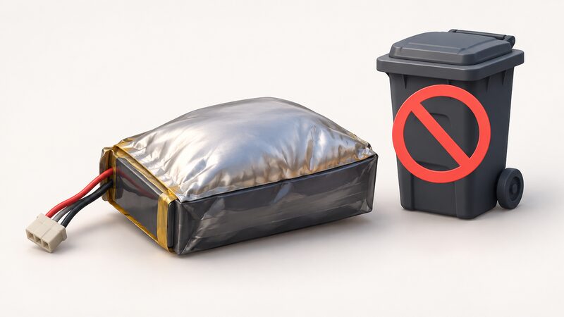 A close-up of a single swollen lithium battery pack, its casing bulging and warped, resting on a plain surface beside a general waste bin it must not enter.