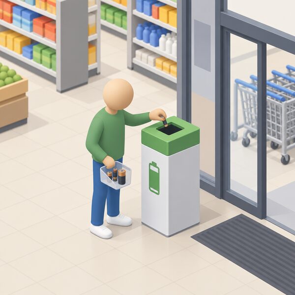 A small isometric householder dropping small household cells into a tall battery collection bin standing just inside the entrance of a large store, with shelves of goods in the background.
