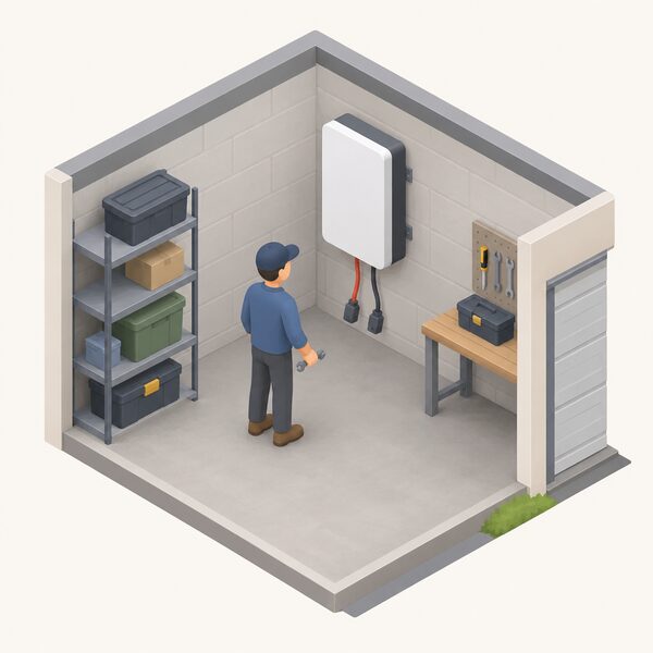 A disconnected wall-mounted home battery unit in a garage or utility space, its cables hanging loose and unplugged, shown apart from the home's living areas with a simple isometric figure having just finished disconnecting it.